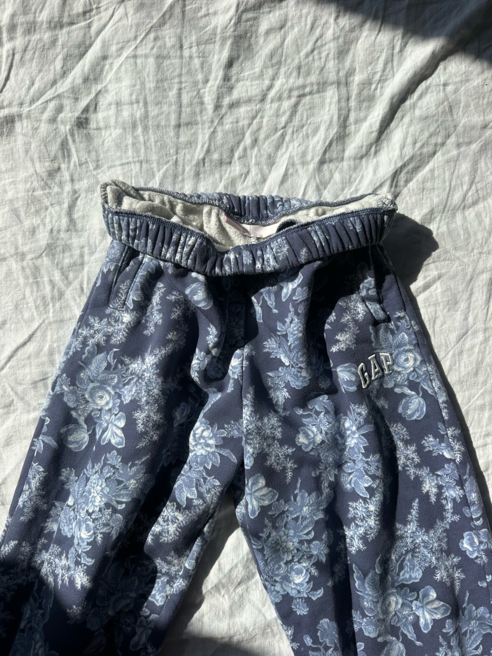 LoveShackFancy Navy Joggers with Light Blue Floral Print
